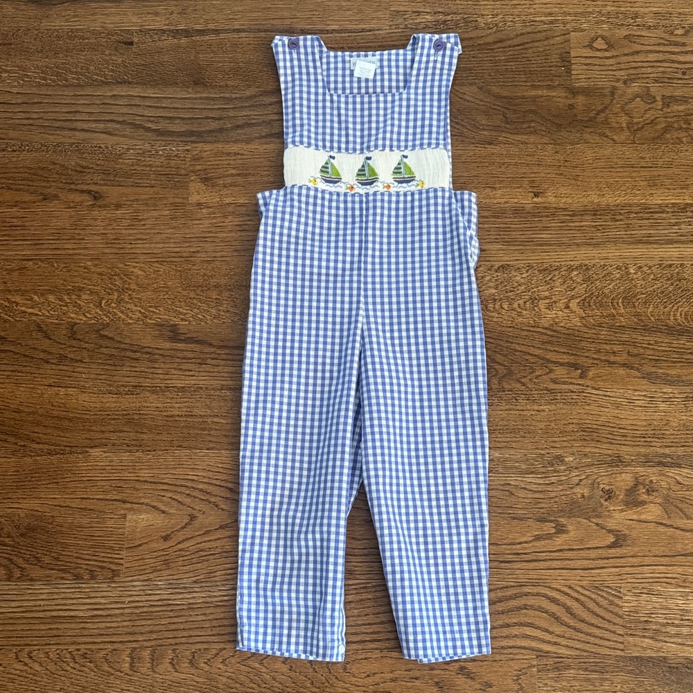 Blue Gingham Smocked Embroidered Sailboat And Fish Romper
